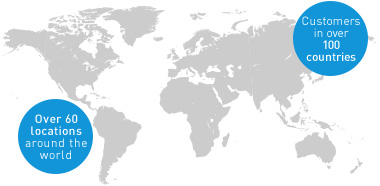 Global map. Customers in over 100 countries. Over 60 locations around the world.